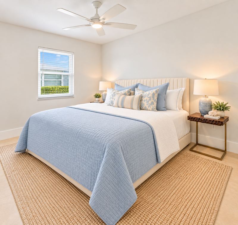 A bedroom with an upholstered headboard, a blue coverlet and a woven rug.