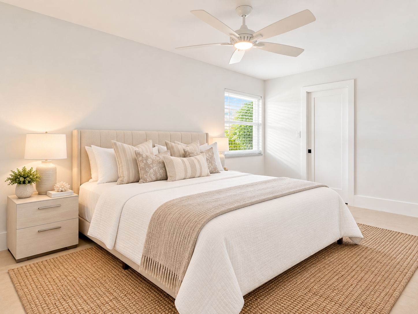A bedroom with a cream headboard, layered pillows and a woven rug.