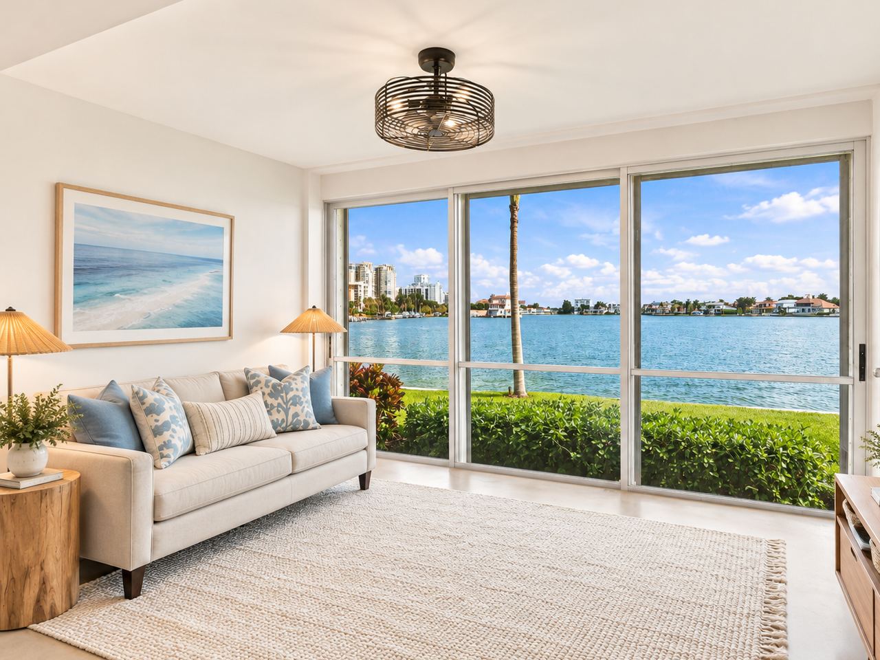 A sitting room with floor to ceiling windows looking over a lawn to the bay.